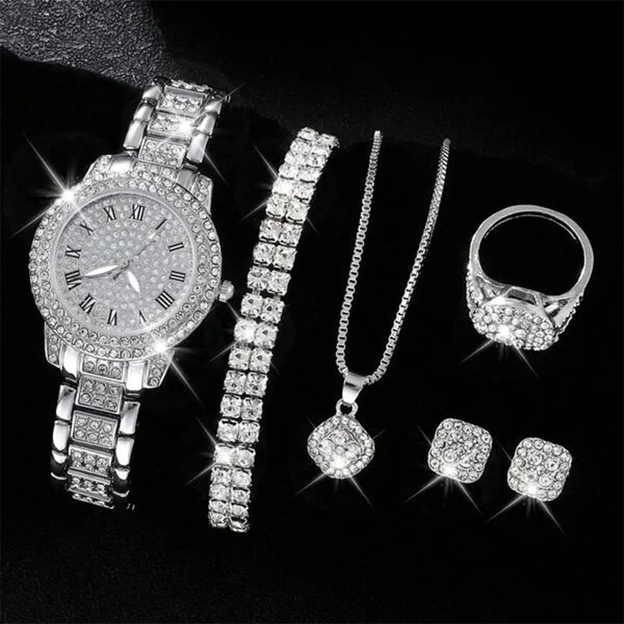 Wrist Watch 6pcs Rhinestone For Her Fashion Jewelry Set, & Analog Luxury Quartz Women Watch Hiphop Gift