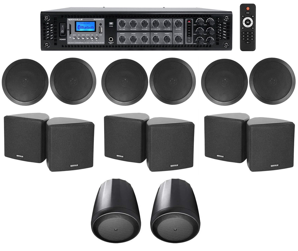 Amp+(6) Pendant+Ceiling Office/Hotel JBL Cube+(2) for 3.5" Speakers 6-Zone Black