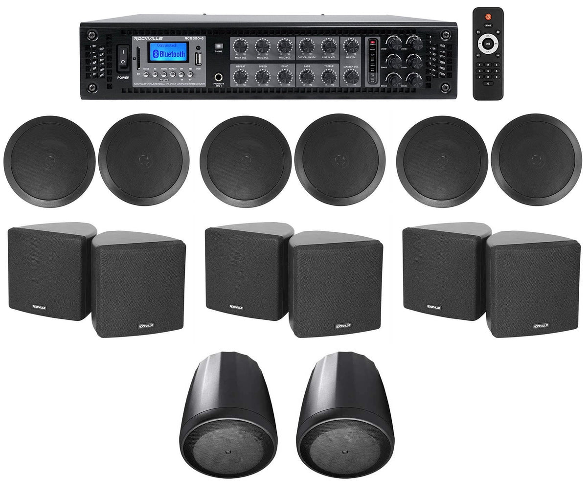 Amp+(6) Pendant+Ceiling Office/Hotel JBL Cube+(2) for 3.5" Speakers 6-Zone Black