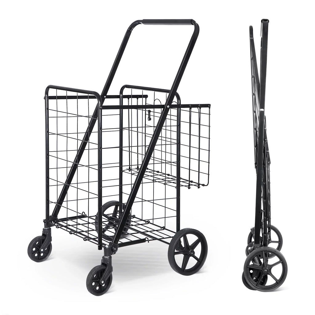 Black Utility Basket Book Grocery Wheels Laundry with ZENY Shopping Luggage Double and for Folding Cart Travel,