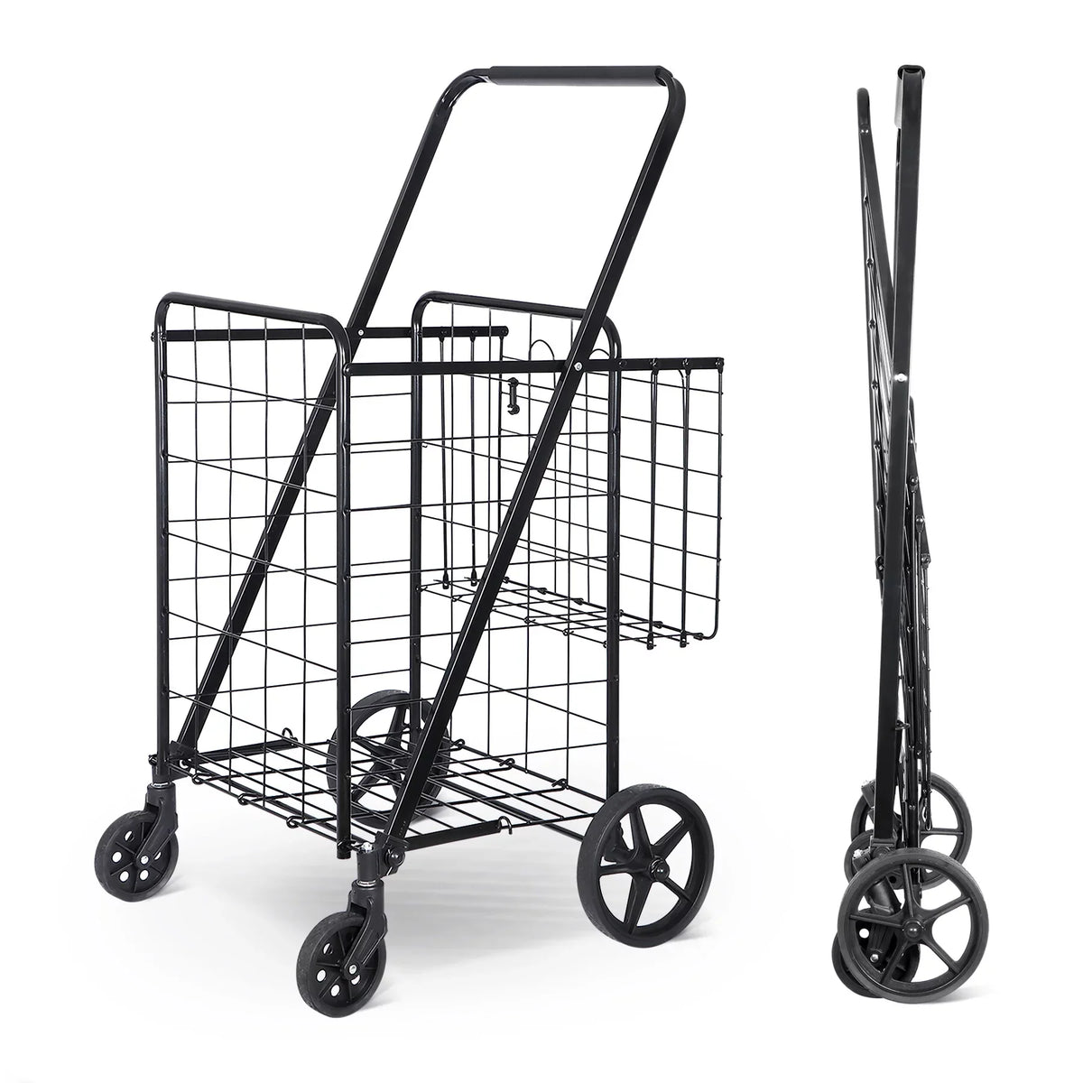 Black Utility Basket Book Grocery Wheels Laundry with ZENY Shopping Luggage Double and for Folding Cart Travel,