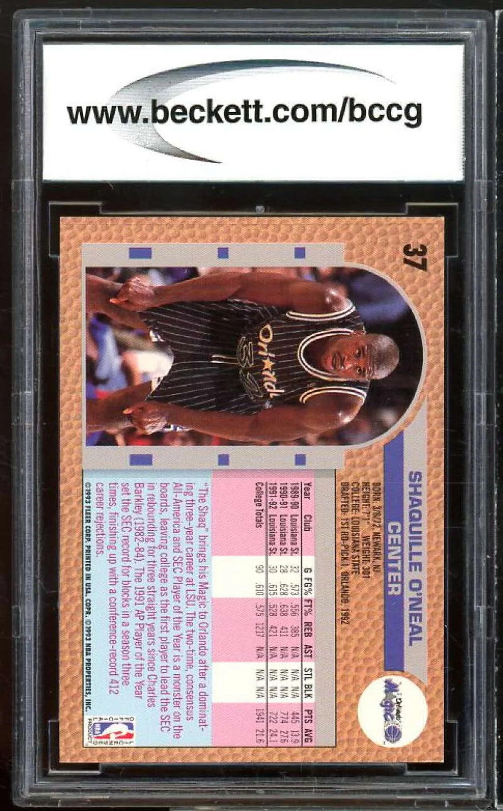 BCCG #37 Mint+ 9 BGS Card Drake's O'neal Rookie Shaquille 1992-93 Fleer