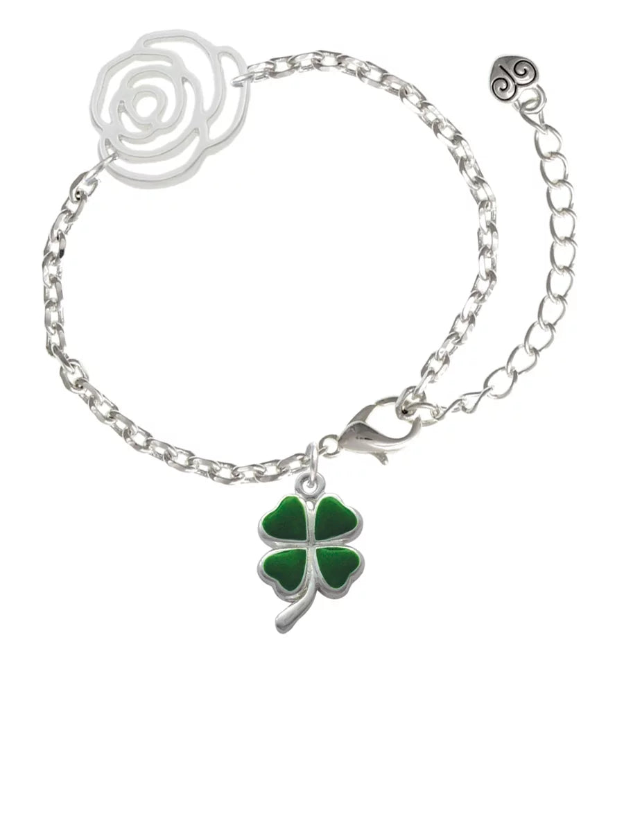 Silvertone Clover Flower Leaf 6.75"+2" Delight with Extender Leaves Link Bracelet, Chain Four Green Silver-tone Heart Jewelry