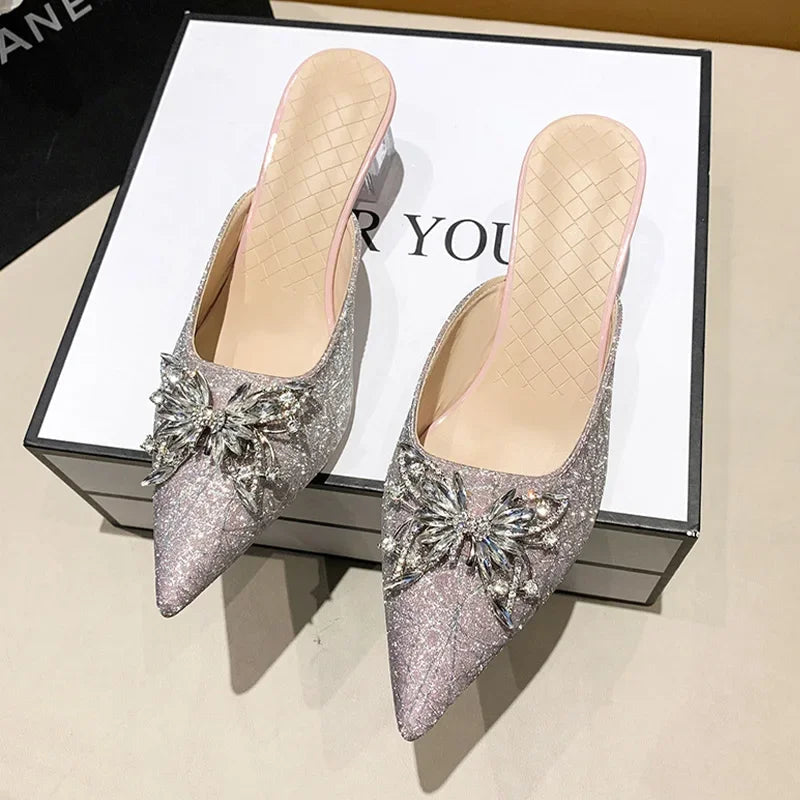High Pointed 2024 Toe Luxury Flip Women Designer Sexy Dress Summer Flops Sandals Crystal Heels Shoes Slides Mules Pumps