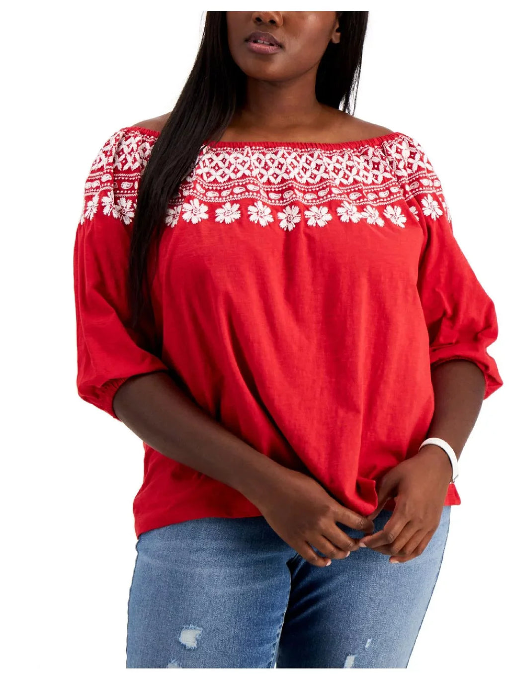 3X Size Hilfiger The Women's Red Top Shoulder Off Tommy Embroidered