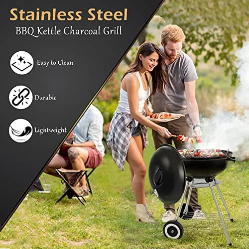 Portable Grill Steel Grilling & (18" Cooking Stainless Tailgating Outdoor Standing Steaks, Kettle Charcoal for Backyard Backyard Grill Burgers, BBQ Black) & Pitmaster