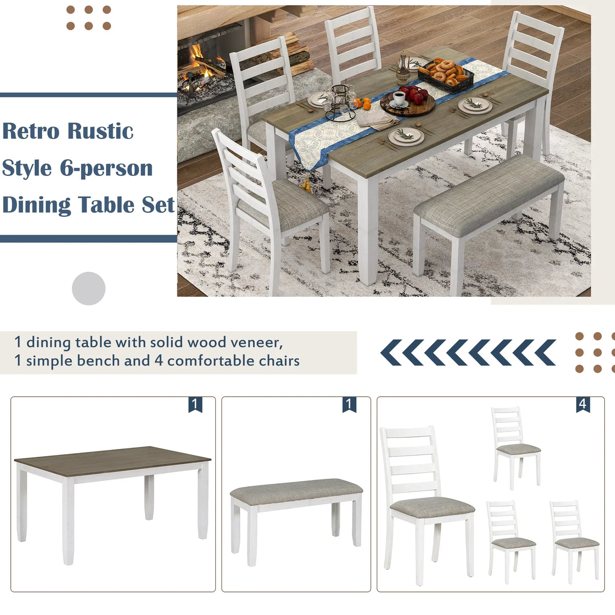 Bench, Set Room Rustic Dining Chairs With Whitewash 4 + CoSoTower Brown Style A 6-Piece Upholstered Table &