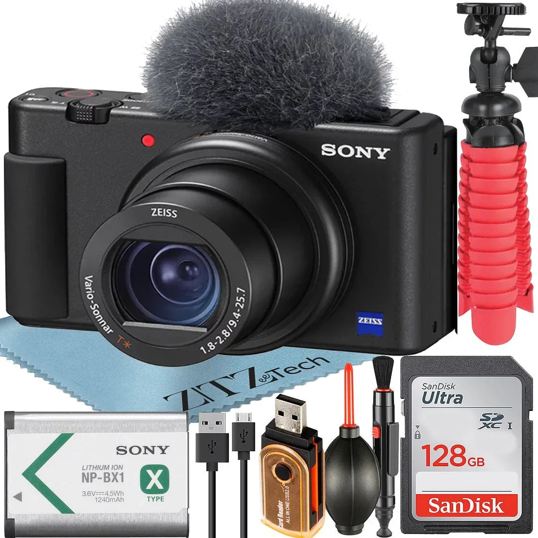 ZV-1F + 128GB with Memory Camera (Black) Vlogging Sony Accessory Card ZeeTech SanDisk Bundle