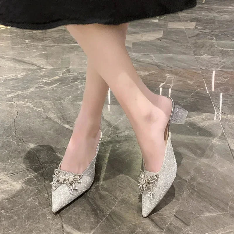 High Pointed 2024 Toe Luxury Flip Women Designer Sexy Dress Summer Flops Sandals Crystal Heels Shoes Slides Mules Pumps