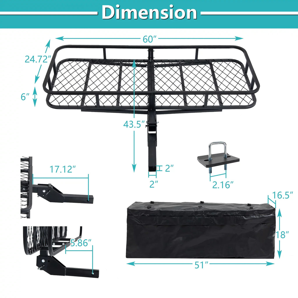 500 Cargo Truck x 60" 6" Basket Car Hitched Mounted lb a Trailer, SUV Black 24" Folding Capacity with x for