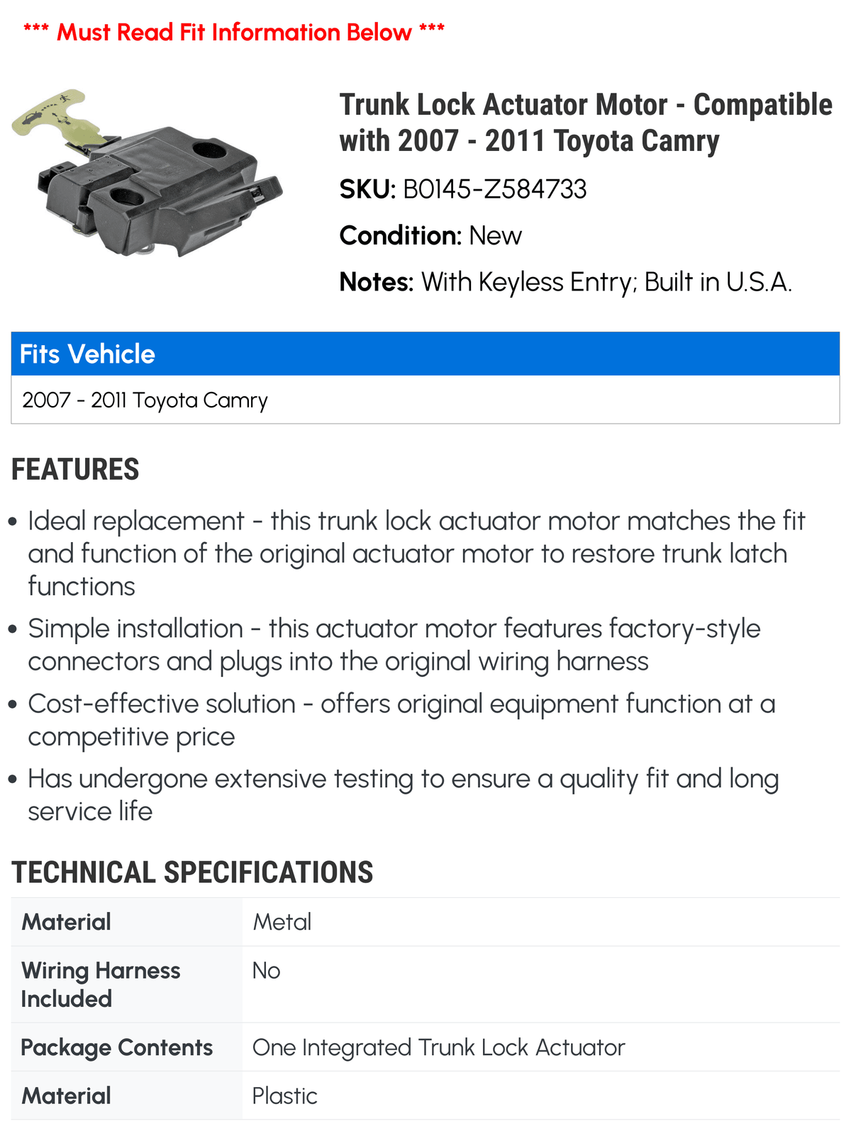 '- 2008 Motor Lock with Compatible 2009 - Toyota 2007 2010 Actuator Camry Trunk 2011