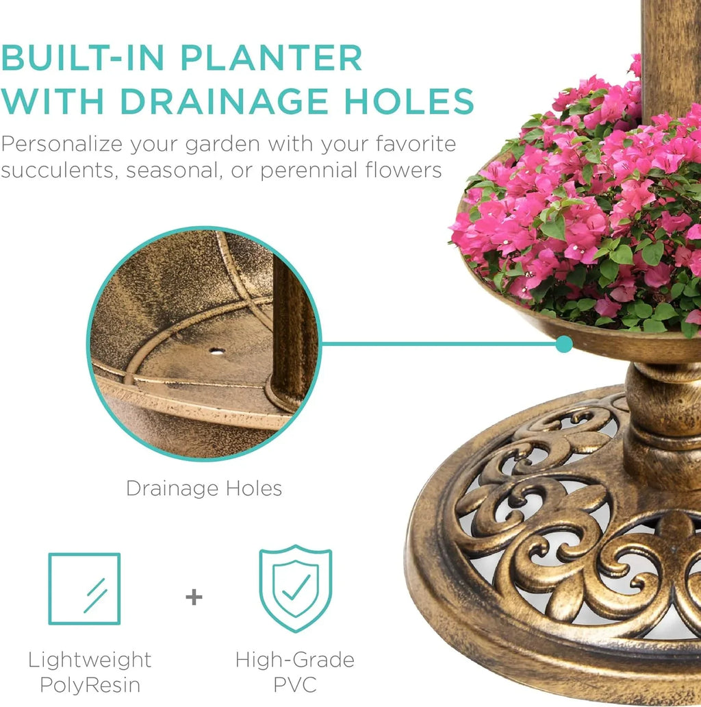 Bath Solar Lighted Fountain Scroll W/Planter, For Garden Pedestal Bronze Decoration - Lawn, Outdoor Integrated Accents Panel,