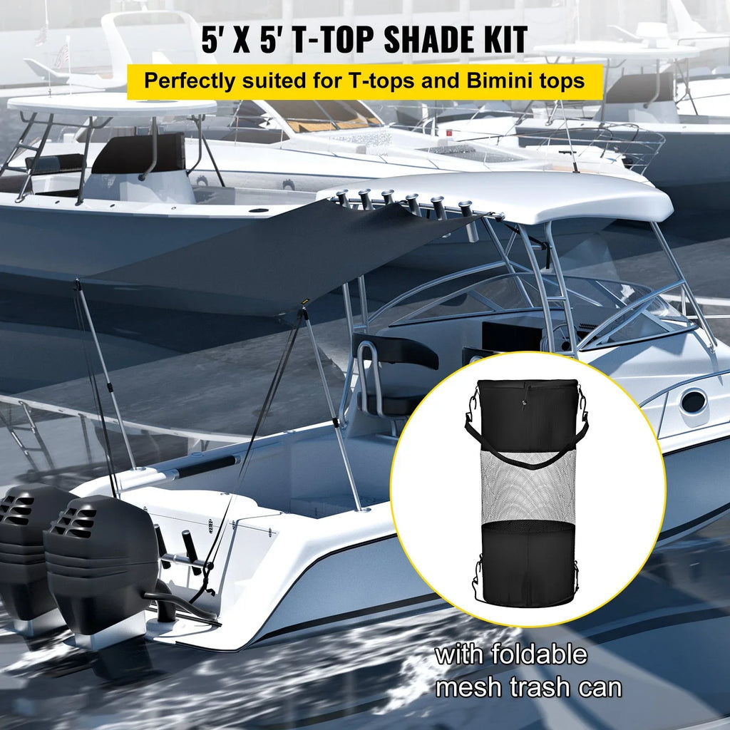 Bimini Shade 600D UV-Proof Easy Poles, & Waterproof, Rustproof Polyester Steel Kit with VEVOR Tops T-Top - Telescopic 5'x5' Assembly T-Tops Sun for