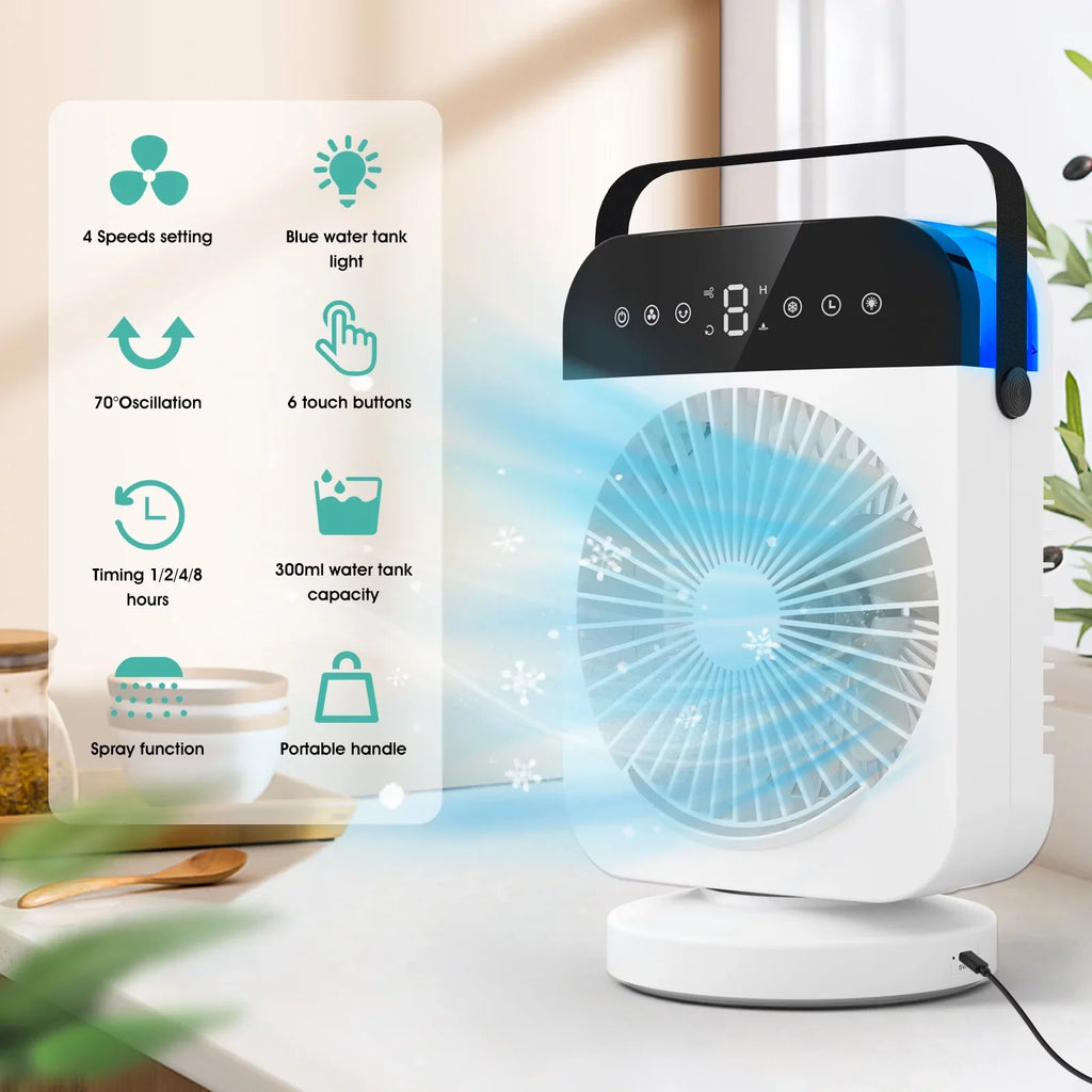 Air 4 Speeds,Oscillation/Humidifier/Timing Fan Function, Office Portable Camping Cooling With Room Personal Desktop Light Cooler Conditioner,Mini Small Led With For Evaporative Air