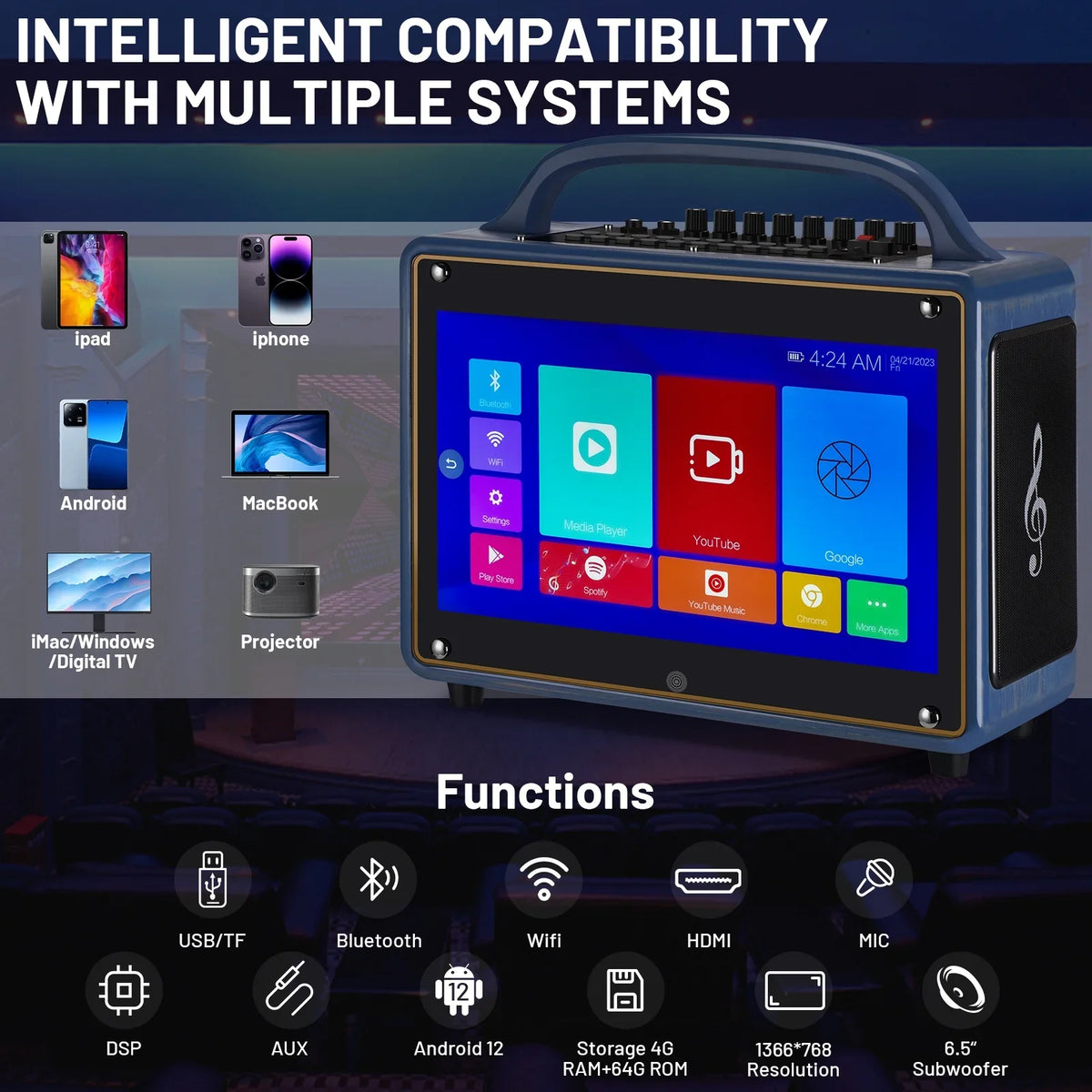 Touch Microphone/WiFi/USB/SD/PC/TV/Phones/HDMI Portable BT Karaoke Machine Adults&Kid,14”HD Screen/Android 12/4+64G,Support Loudspeaker for Streaming Systems Wireless