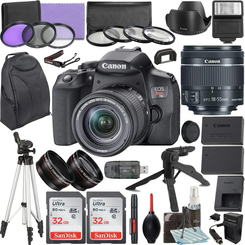 and (64GB, IS Flash, DSLR 18-55mm Grip with Rebel for f/4-5.6 Canon EOS Camera and T8i Accessories Bundle Lens EF-S Hand Tripod, STM Kit More) Camera