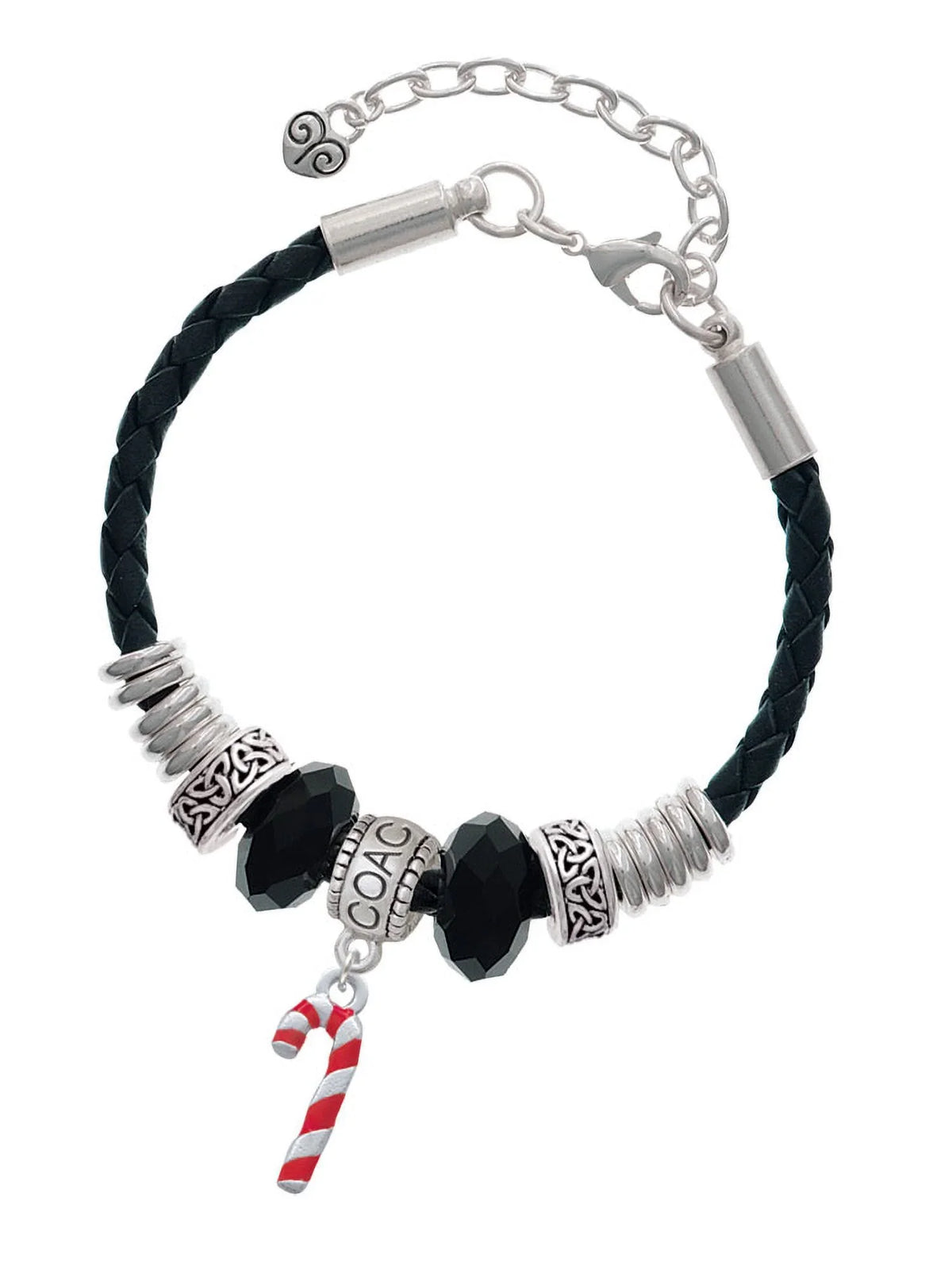 7"+2" Coach Bead Red Leather Enamel Knot Jewelry Cane Bracelet, Celtic 3-D Silvertone Candy Delight Extender