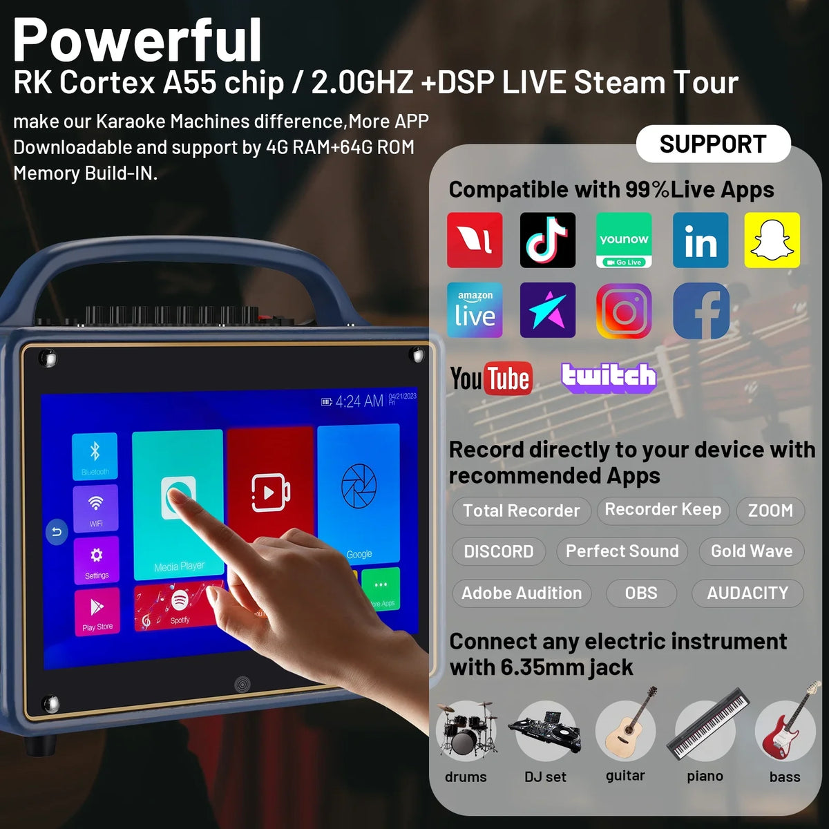 Touch Microphone/WiFi/USB/SD/PC/TV/Phones/HDMI Portable BT Karaoke Machine Adults&Kid,14”HD Screen/Android 12/4+64G,Support Loudspeaker for Streaming Systems Wireless