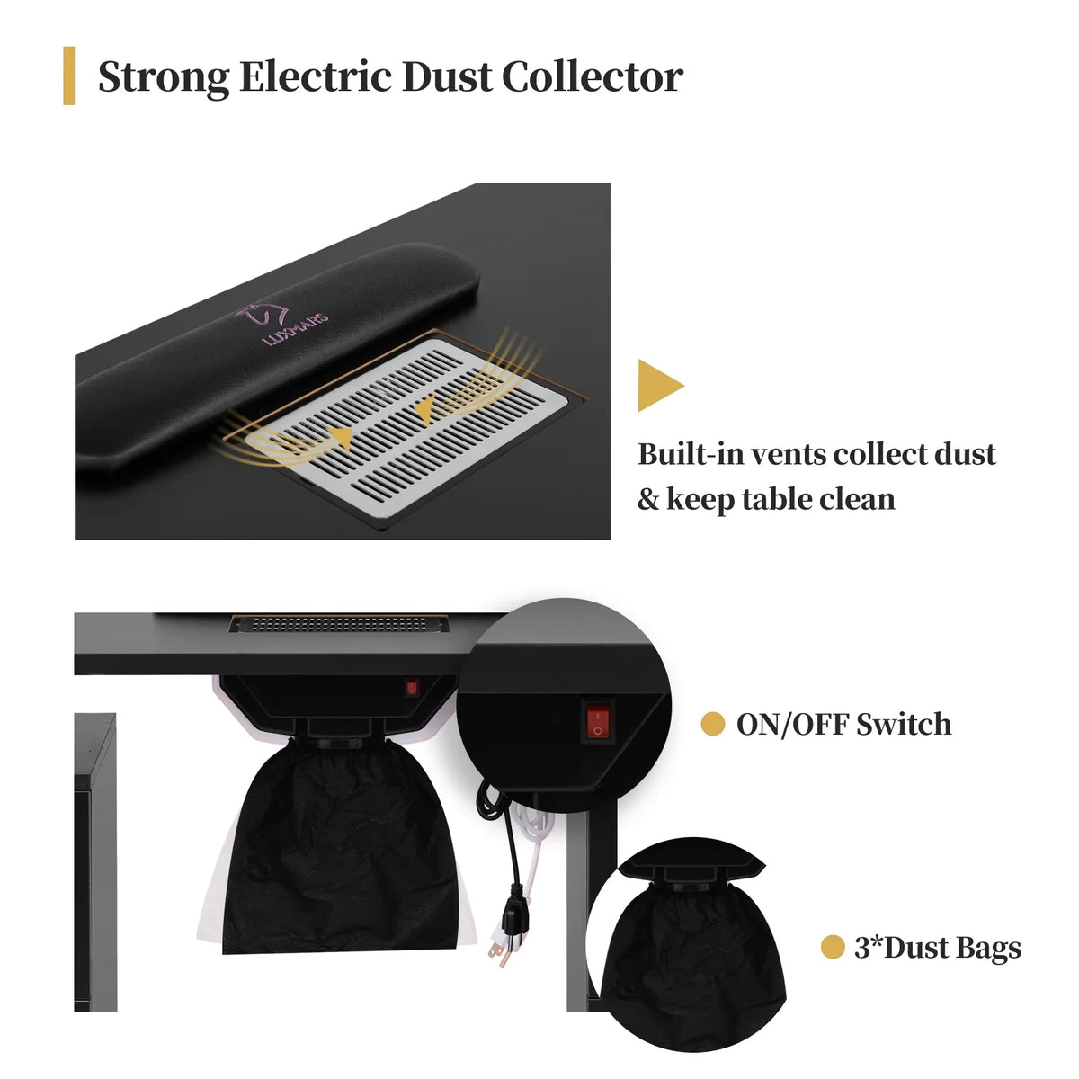 Wheels Cushion, Cabinet Resistant Technician, Rest Desk Dust Nail Acetone Table w/Lockable Nail & & Station Table - Drawers Table & Nail Manicure Collector Black for Electric Wrist LUXMARS w/