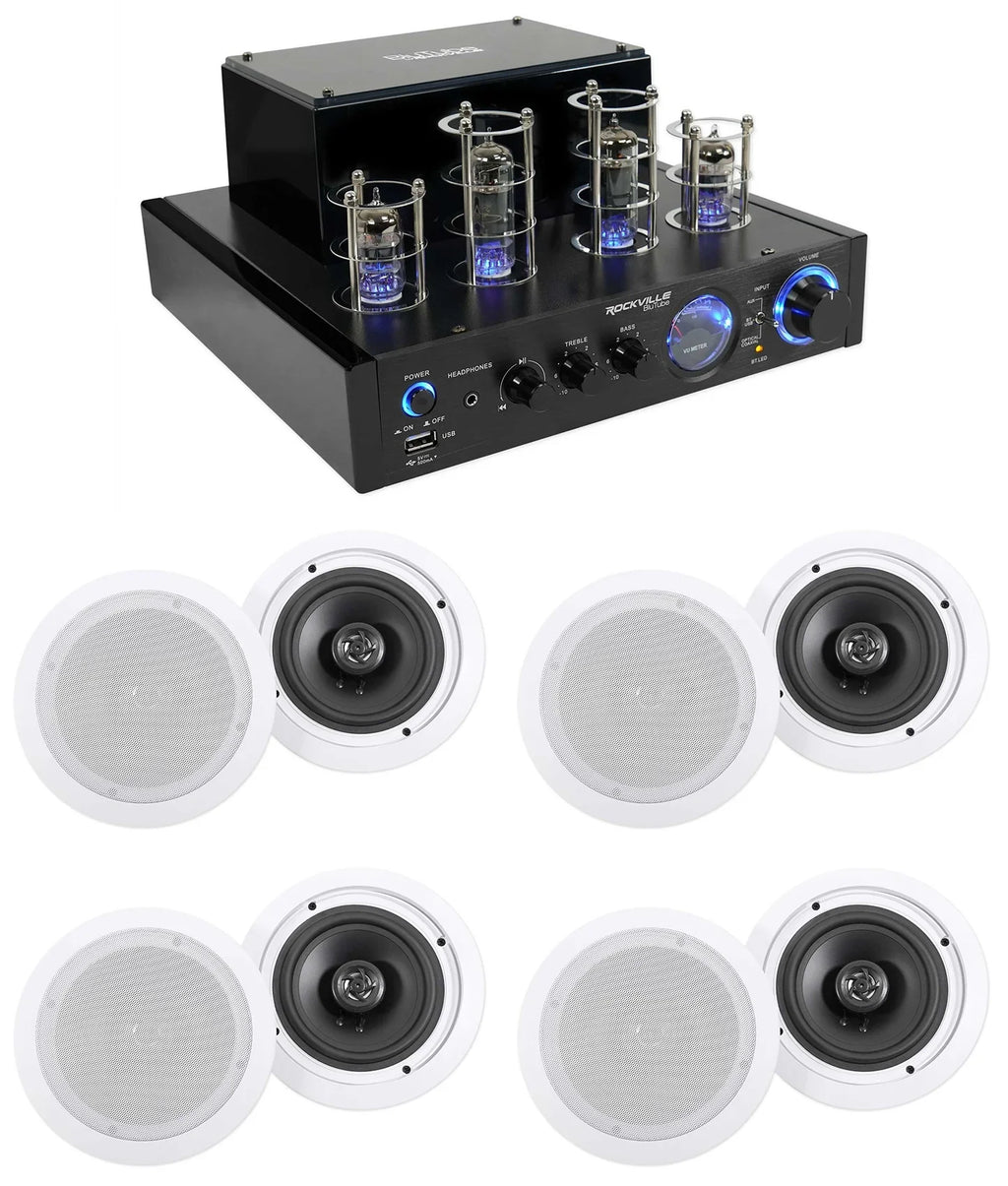 6.5" Receiver+(8) White LED Speakers Ceiling Theater Amp/Home Tube Rockville
