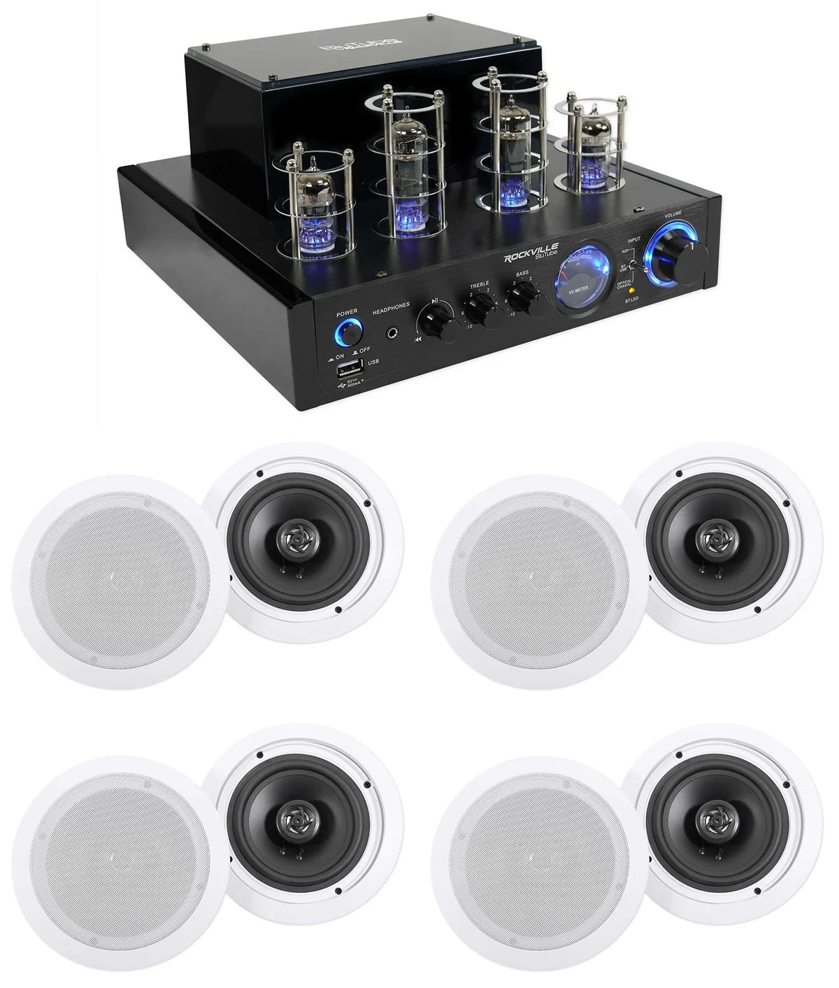 6.5" Receiver+(8) White LED Speakers Ceiling Theater Amp/Home Tube Rockville