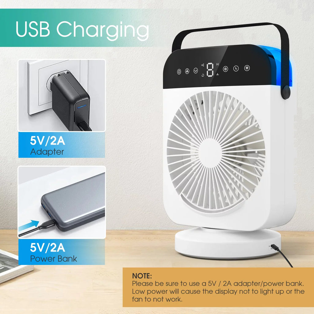 Air 4 Speeds,Oscillation/Humidifier/Timing Fan Function, Office Portable Camping Cooling With Room Personal Desktop Light Cooler Conditioner,Mini Small Led With For Evaporative Air