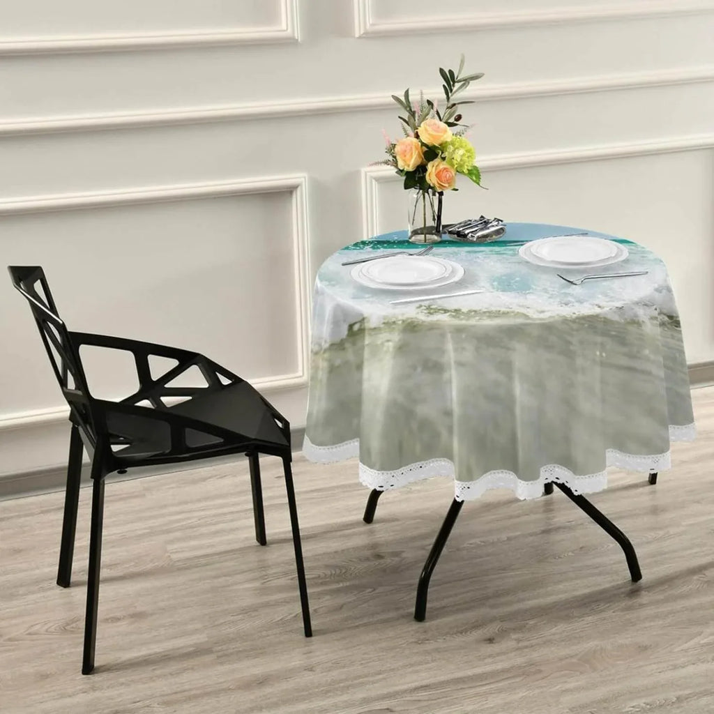 Sea Washable 60inch Wrinkle SKYSONIC Kitchen Tropical Wave Table Round for BBQ Tablecloth Dining Free, Lace Circular Decor Ocean Cover Summer Party Indoor
