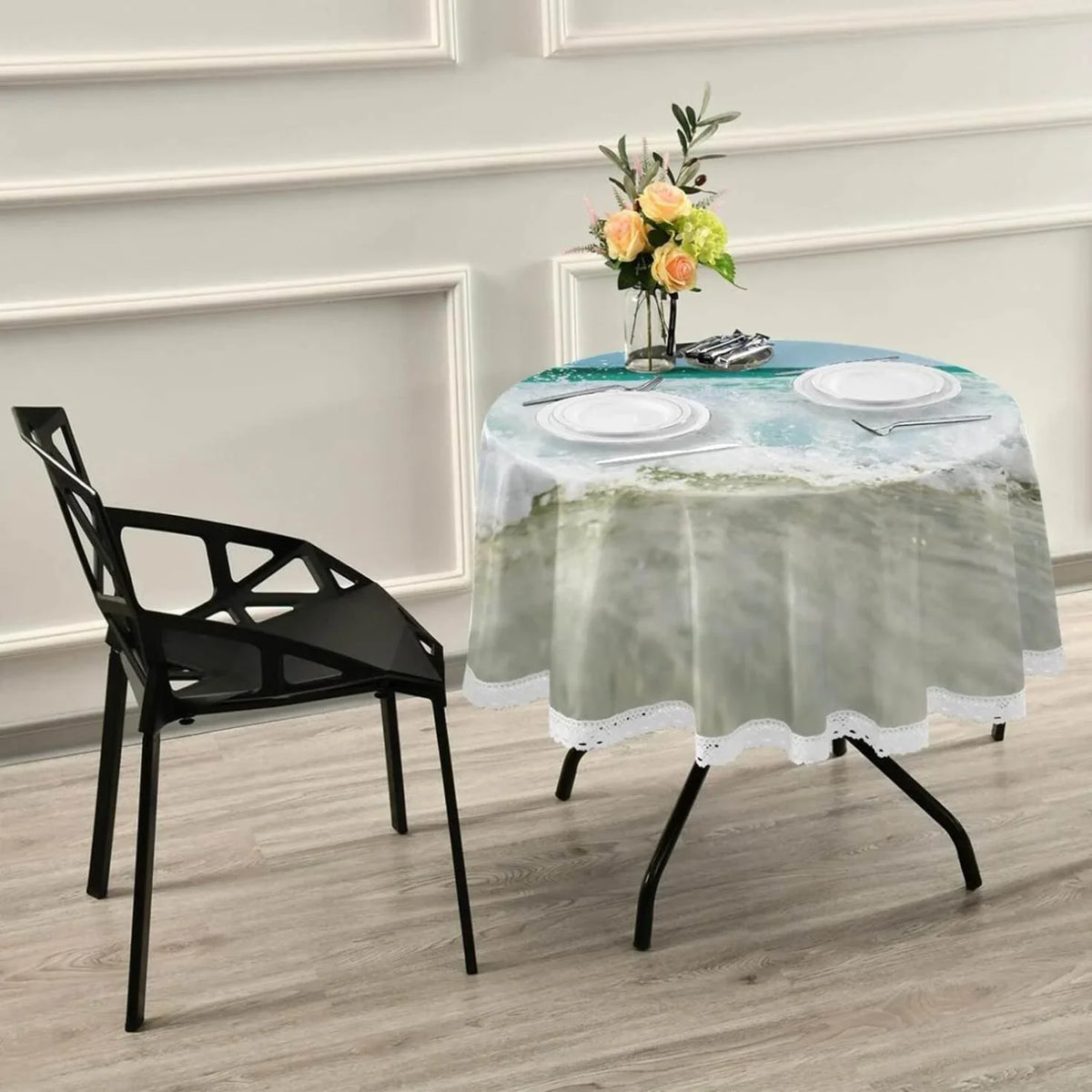 Sea Washable 60inch Wrinkle SKYSONIC Kitchen Tropical Wave Table Round for BBQ Tablecloth Dining Free, Lace Circular Decor Ocean Cover Summer Party Indoor