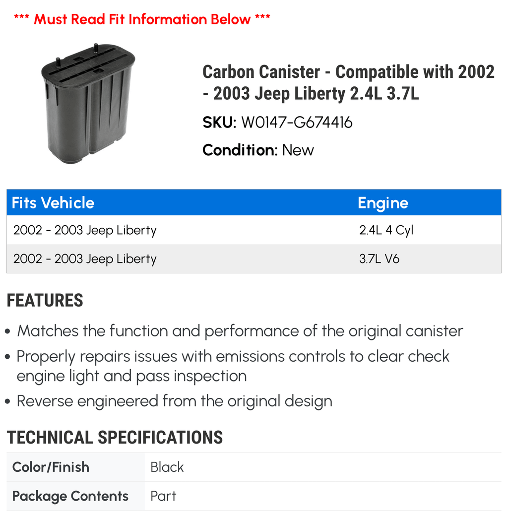 '- Liberty Jeep 2002 2003 with Canister Compatible 2.4L 3.7L Carbon -