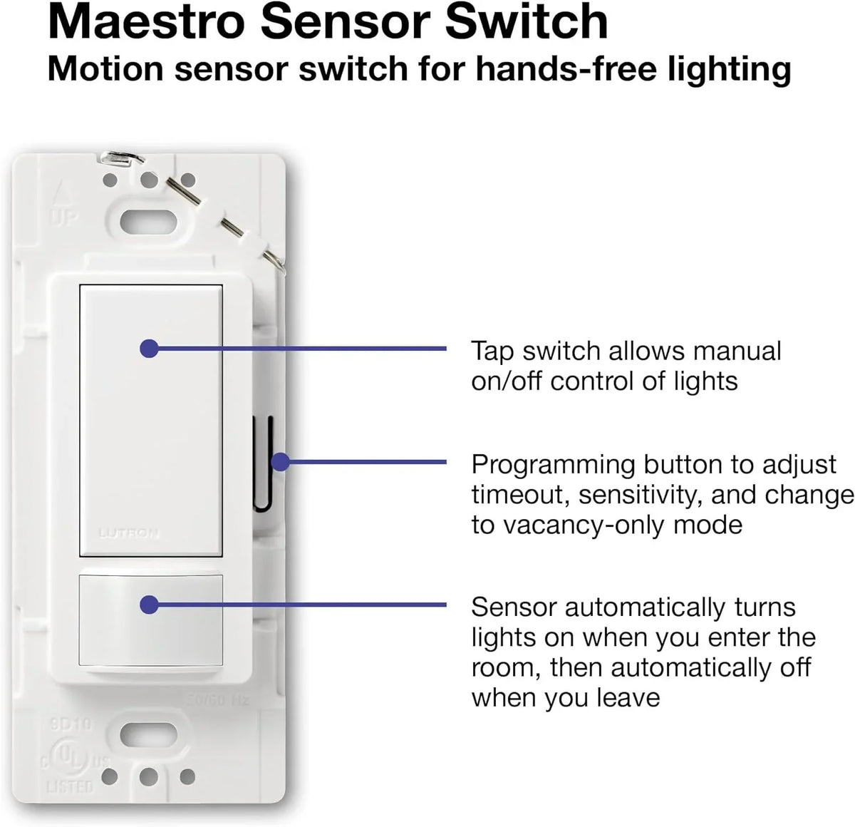 neutral single-pole, (2-pack), switch required, maestro sensor no white ms-ops2-wh, 2a, lutron