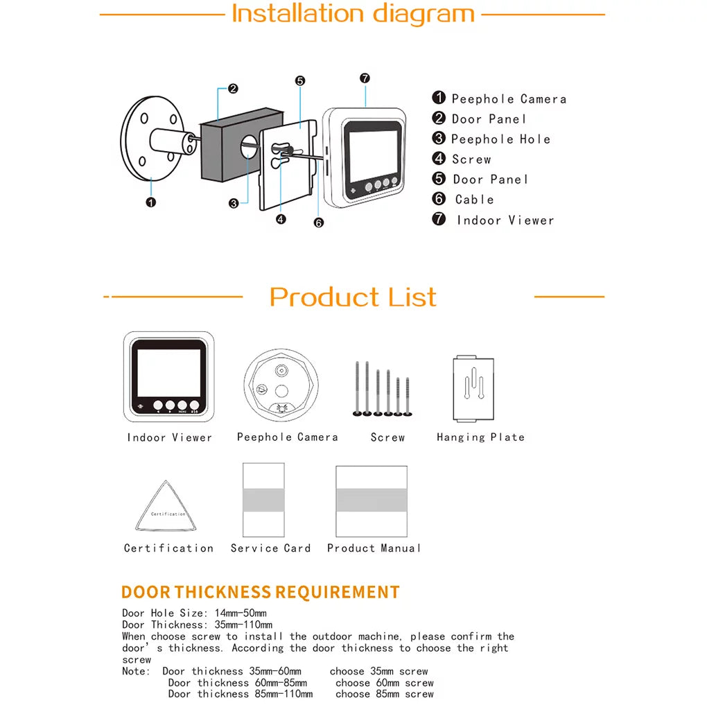 Vision Security Angle 2.4" Need Video Cam Camera Door Eye Disturb 2.0MP Night inch Viewer Wide No Door W5 Peephole Bell Doorbell Drilling