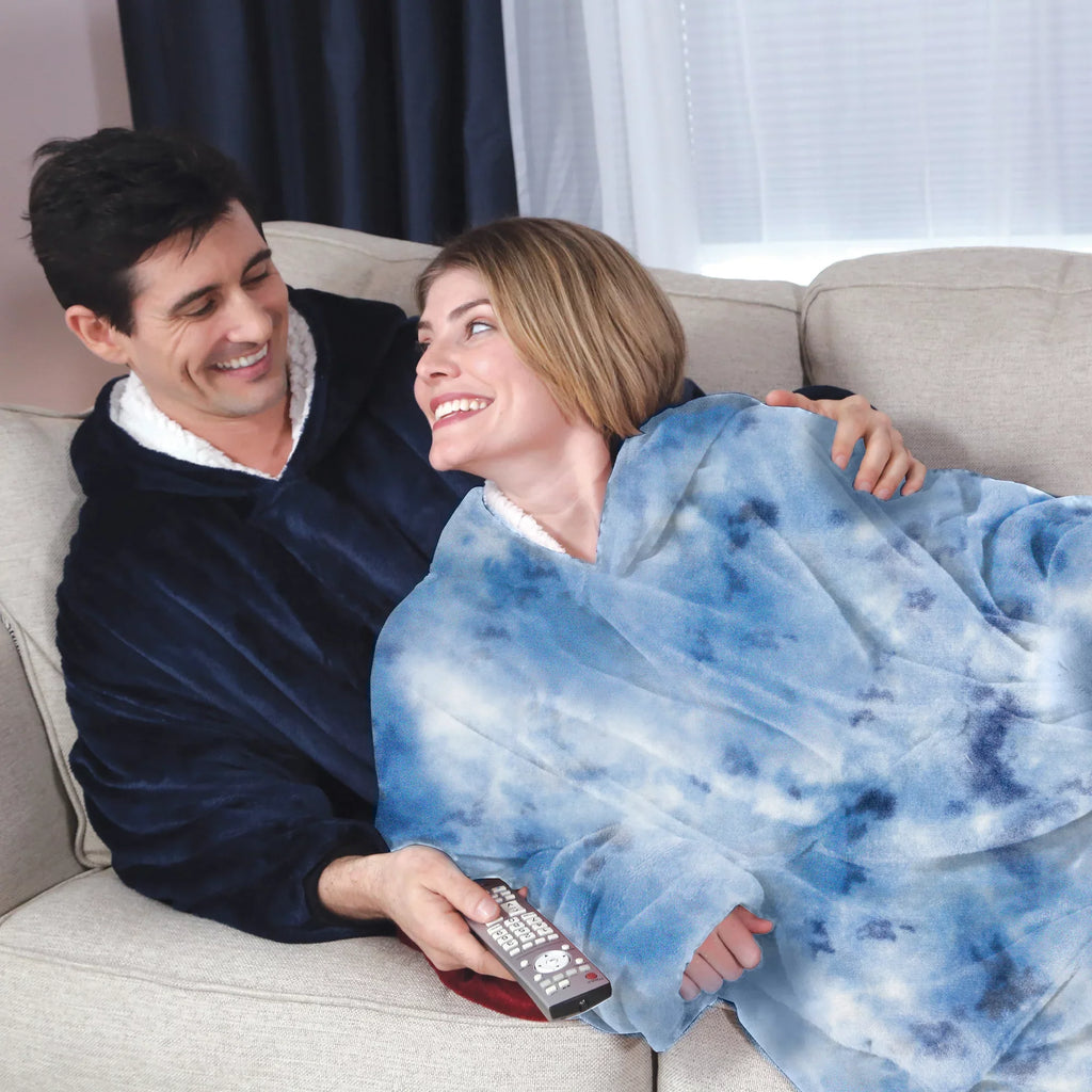 Huggle & Blanket Sherpa Wearable Dye Hoodie, Tie Fleece Hoodie, Blue