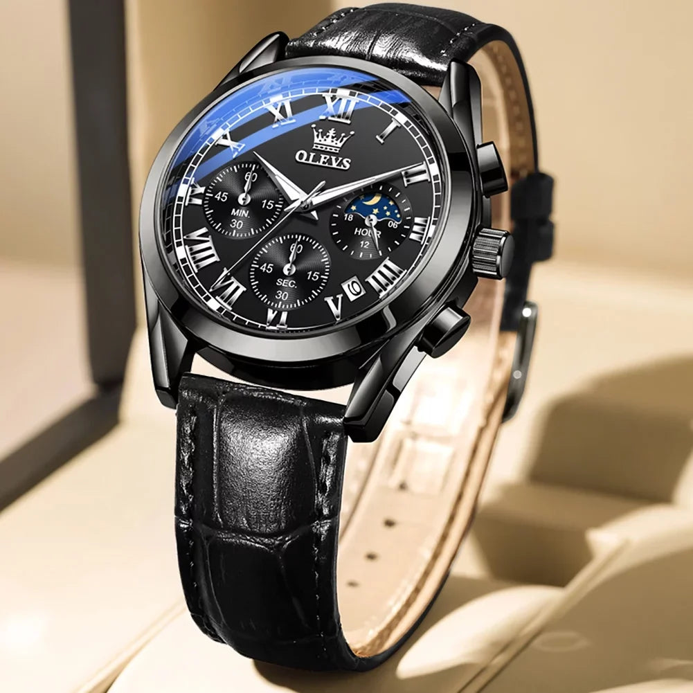 for Waterproof Sports Watches Classic Chronograph Men Strap Wristwatch Analog Reloj, Male Watches OLEVS Luxury Luminous with Quartz Leather Mens Business