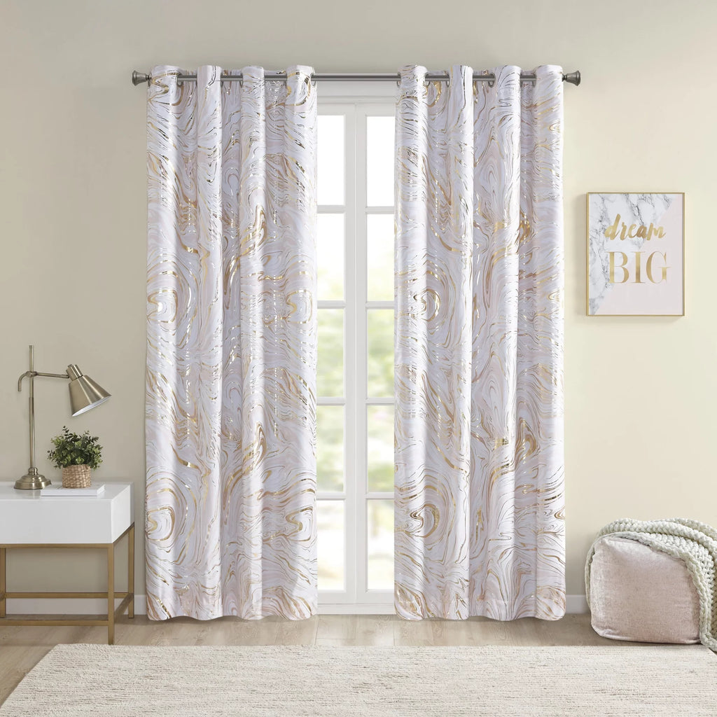 Rebecca Blackout Design Top Total Intelligent Curtain, Metallic Printed Grommet Blush/Gold, Marble 50x84"