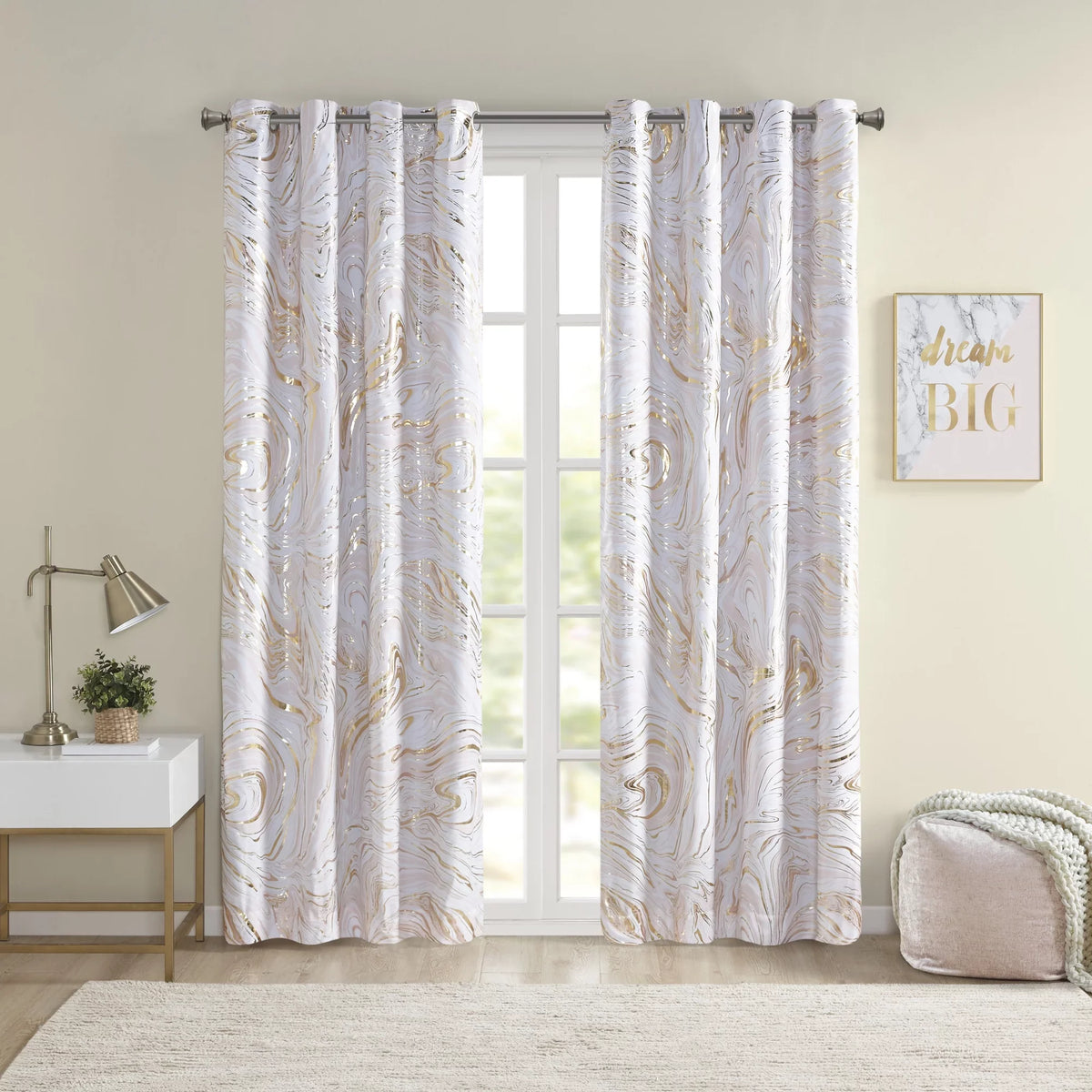 Rebecca Blackout Design Top Total Intelligent Curtain, Metallic Printed Grommet Blush/Gold, Marble 50x84"