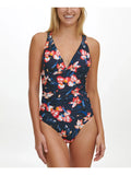 Swimsuit Navy Removable Piece TOMMY Women's HILFIGER Cups Neck Strappy One Lined 16 V Floral Deep