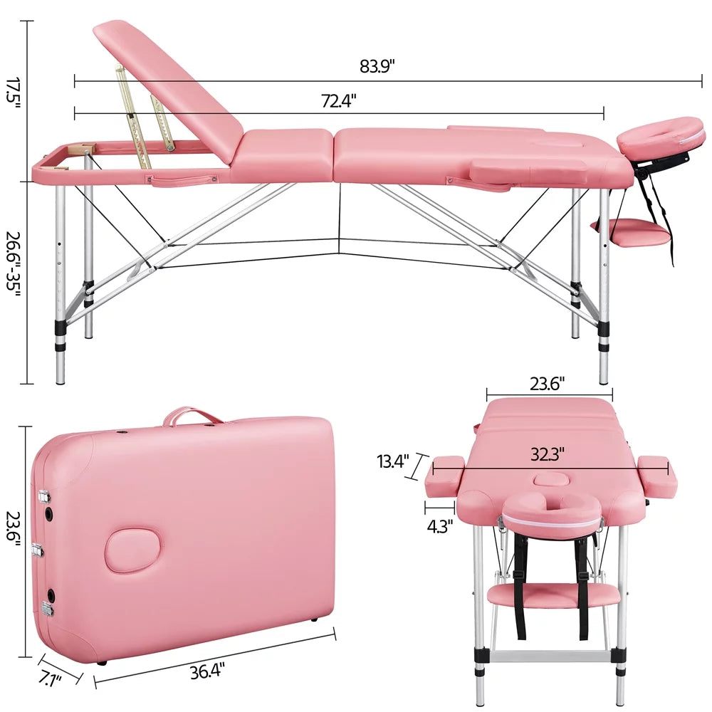 Backrest/Headrest/Armrest/Hand Massage Portable Alloy Salon Table Massage Spa 84'' with 3-Fold Bed, Massage Adjustable Pink Bed Yaheetech Couch, Equipment, Pallet,