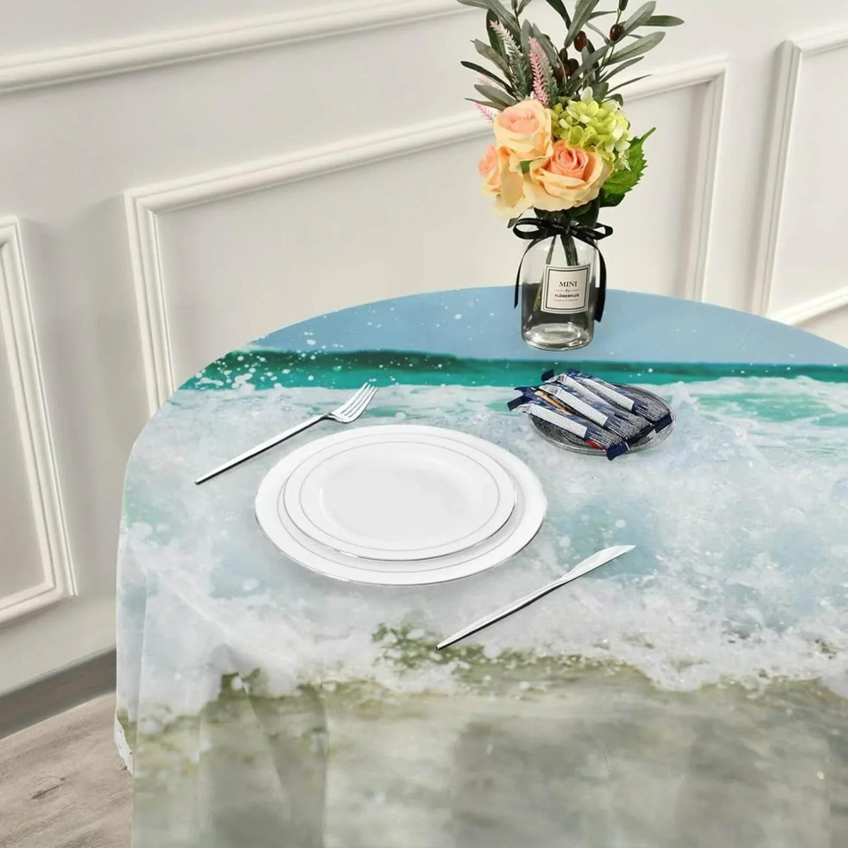Sea Washable 60inch Wrinkle SKYSONIC Kitchen Tropical Wave Table Round for BBQ Tablecloth Dining Free, Lace Circular Decor Ocean Cover Summer Party Indoor