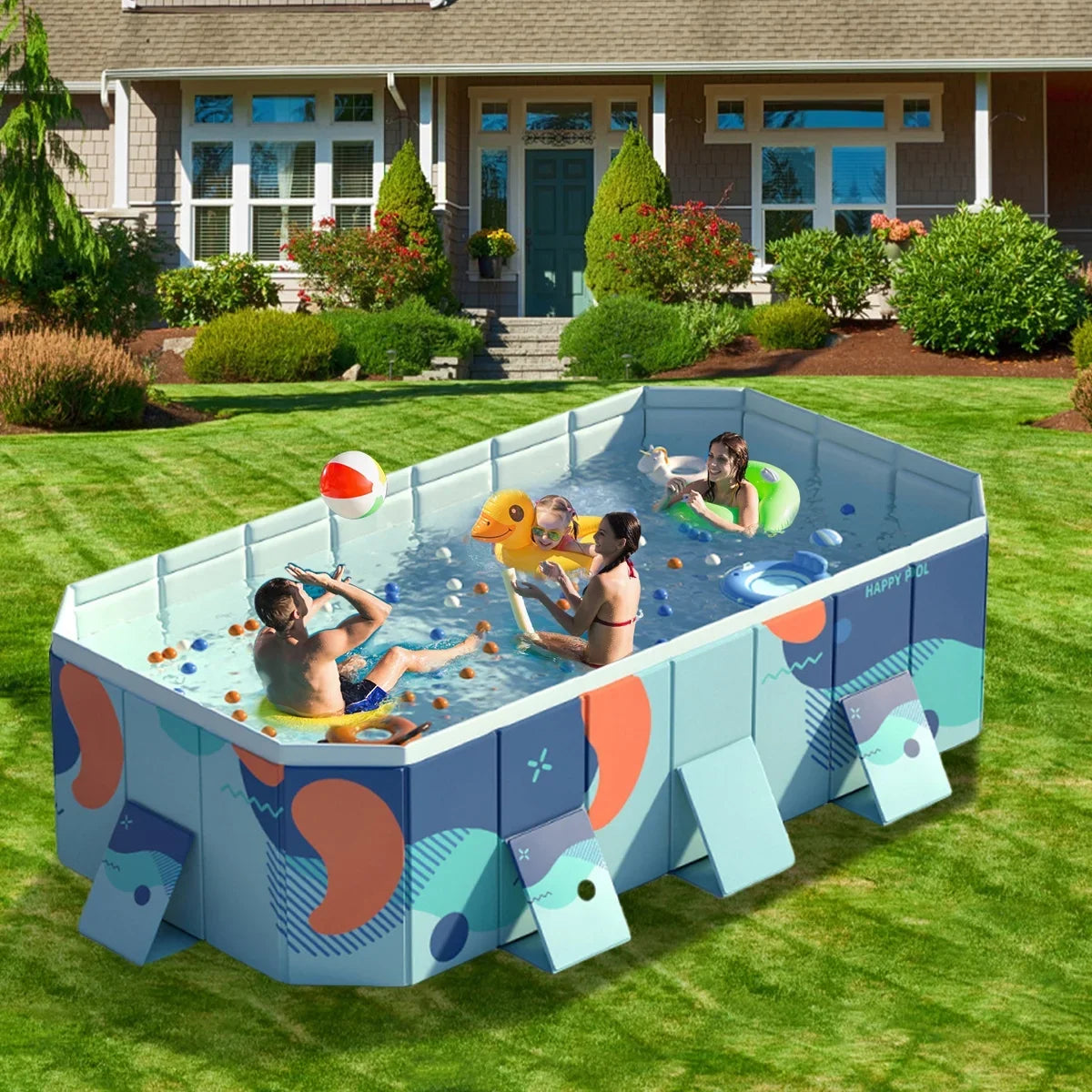 Non-Inflatable 113" Ground ANJORALA Kiddie for Pool Garden Swimming Pool Backyard(Blue) Above Collapsible