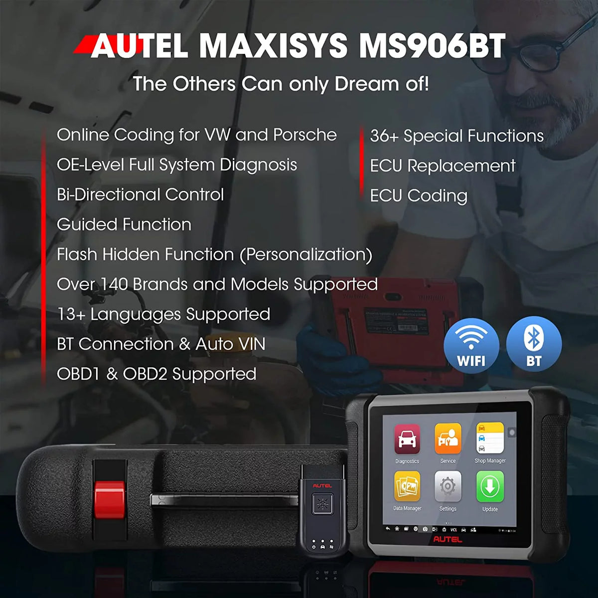 MK908 Pro/ Car Scan Autel Same MS906 Tool MS906BT Diagnostic Services 36+ MK906 Bi-Directional as Pro/ Control, MaxiSys