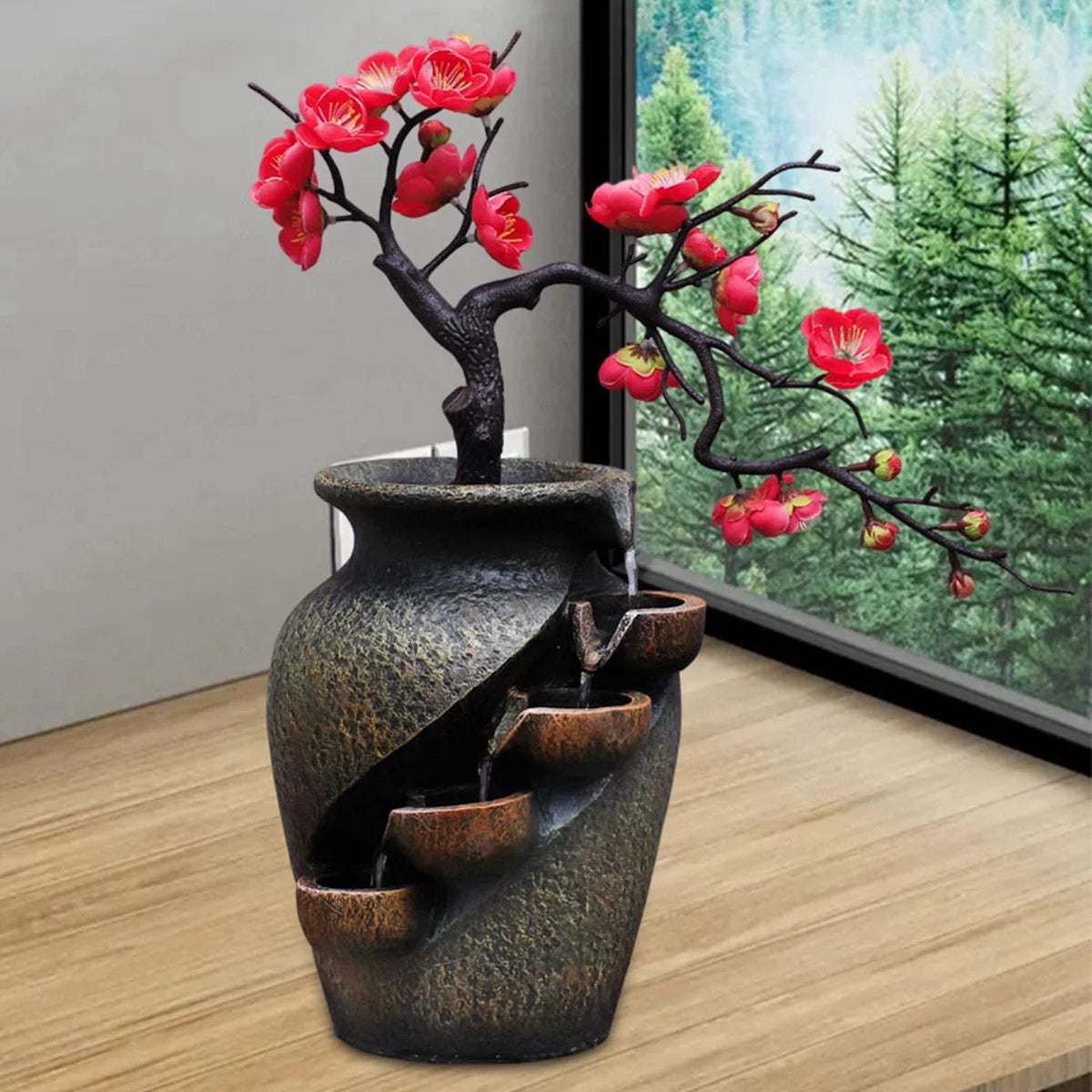room Garden Living Vase Simulation Fountains Feng Decor Shui Relaxation Waterfall Gifts Office Craft Flower Creative for Desk Tabletop Water VaseThree-dimensional Soothing Fountain